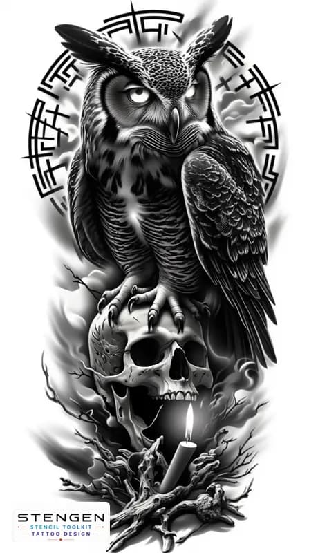 Black and grey tattoo sketch of a dark owl perched on a human skull glowing eyes feathers blending