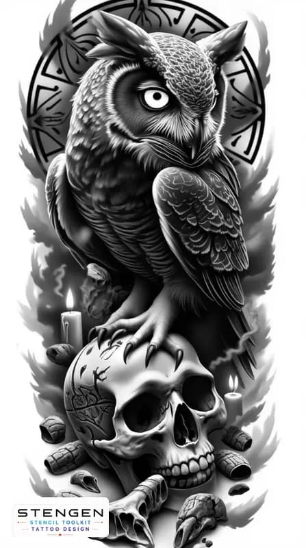 Black and grey tattoo sketch of a dark owl perched on a human skull glowing eyes feathers blending