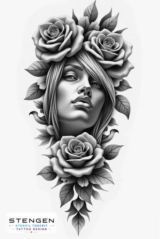 A highly detailed black and grey tattoo sleeve design featuring a realistic portrait of a mysteriou