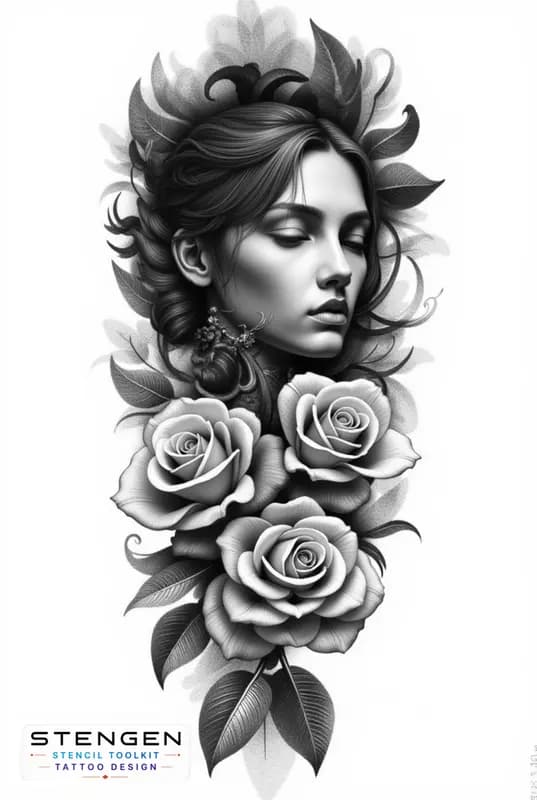 A highly detailed black and grey tattoo sleeve design featuring a realistic portrait of a mysteriou