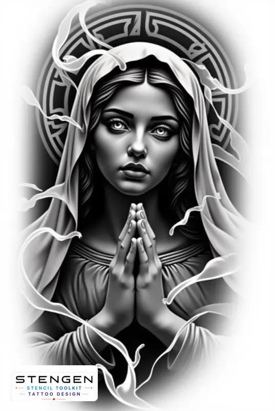 Black and grey virgin mary tattoo design