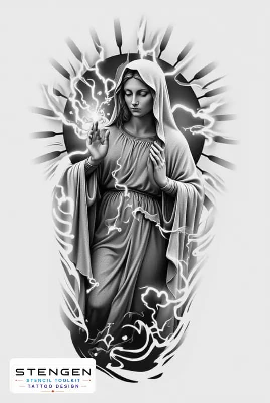 Black and grey virgin mary tattoo design
