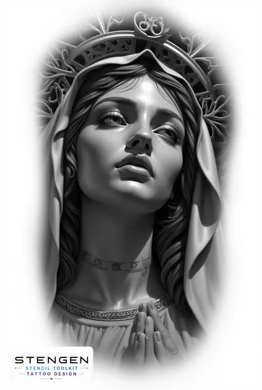Black and grey virgin mary tattoo design