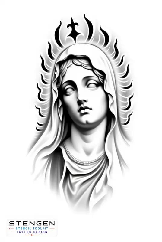 Black and grey virgin mary tattoo design white background