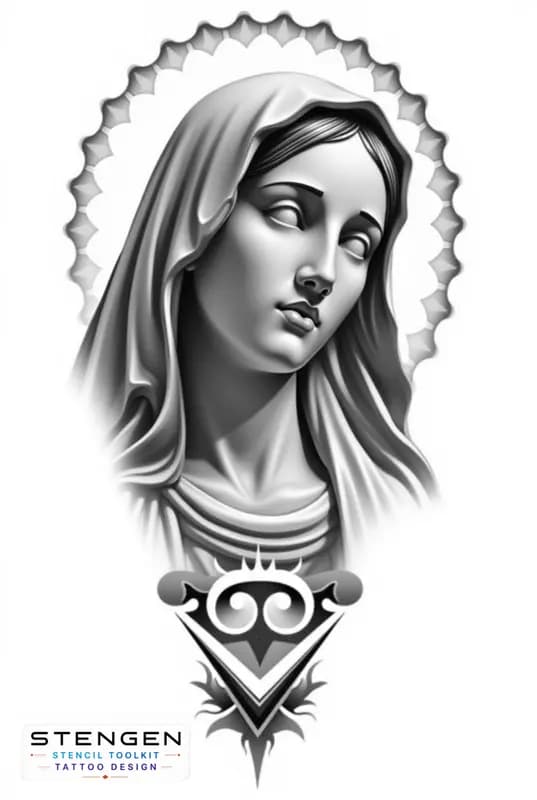 Black and grey virgin mary tattoo design white background