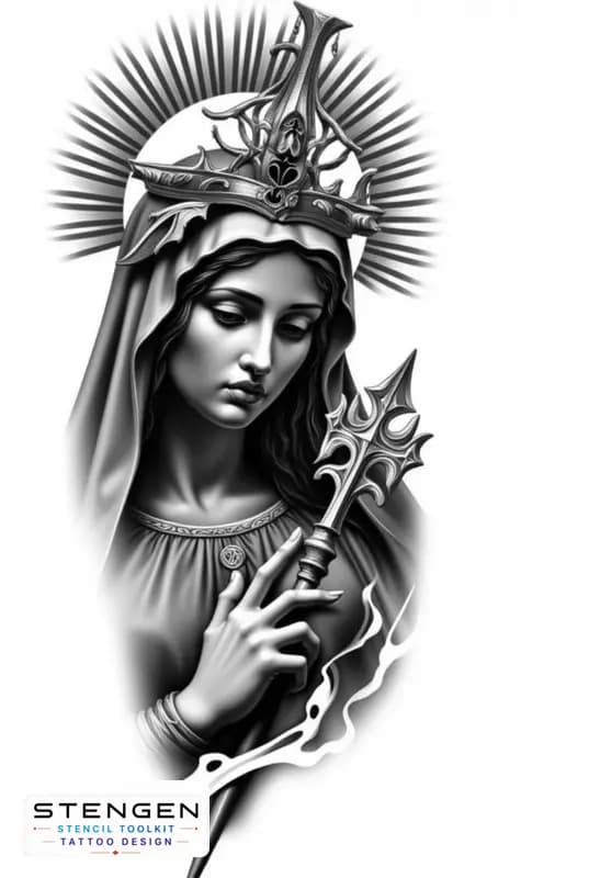 Black and grey virgin mary tattoo design white background