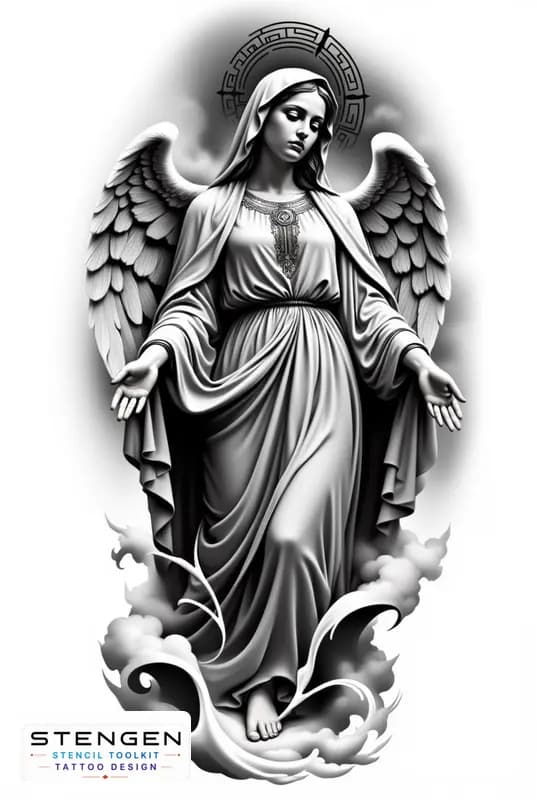 Black and grey virgin mary tattoo design white background