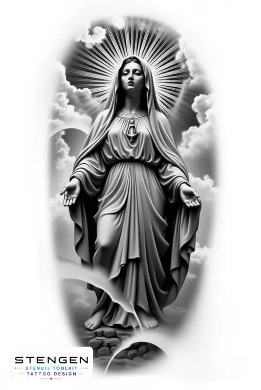 Black and grey virgin mary tattoo design white background