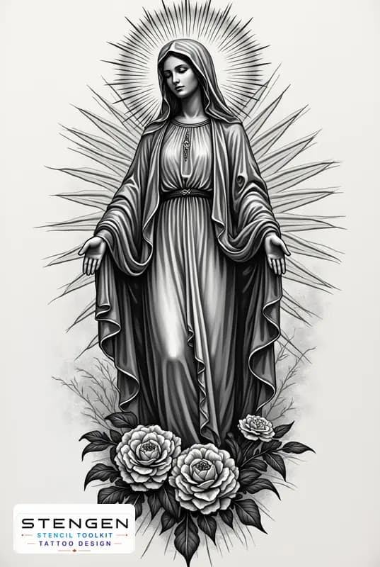 Black and grey virgin mary tattoo design