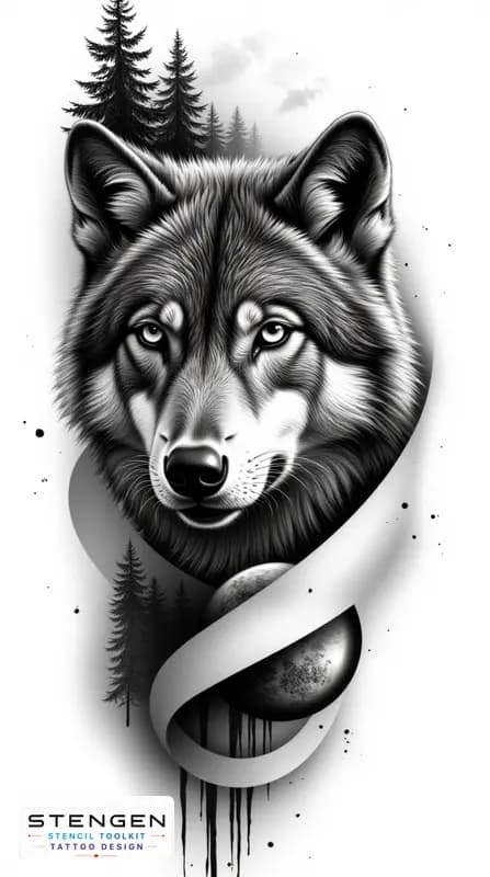 Highly detailed black and white realistic wolf and forest trees on background tattoo design on a p