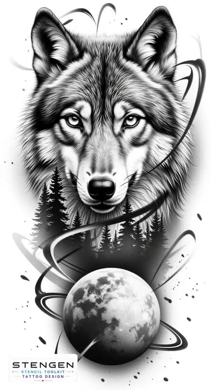 Highly detailed black and white realistic wolf and forest trees on background tattoo design on a p