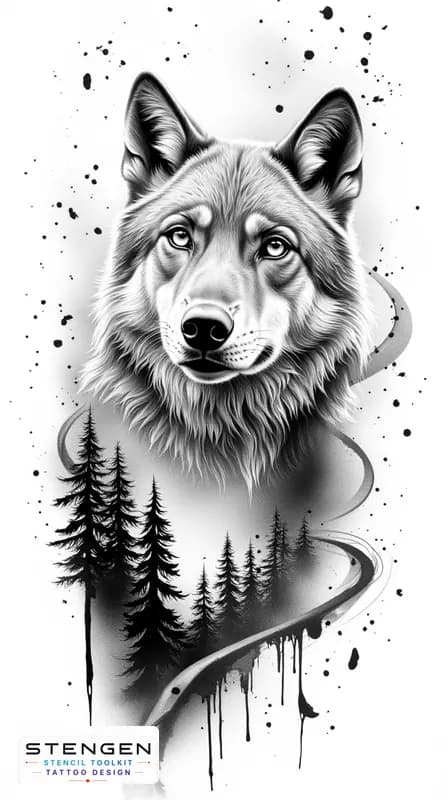 Highly detailed black and white realistic wolf and forest trees on background tattoo design on a p