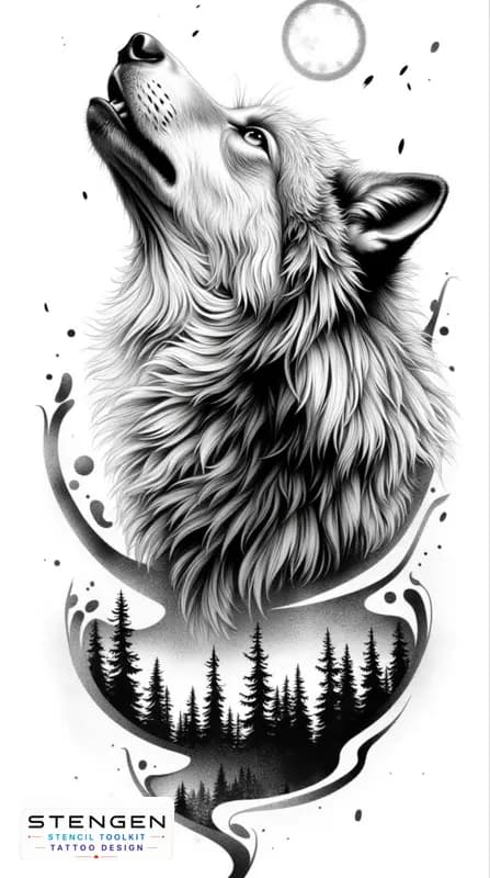 Highly detailed black and white realistic wolf and forest trees on background tattoo design on a p