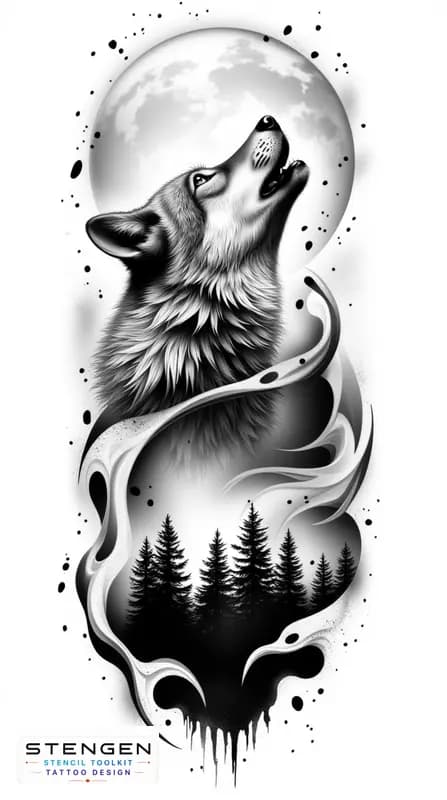 Highly detailed black and white realistic wolf and forest trees on background tattoo design on a p