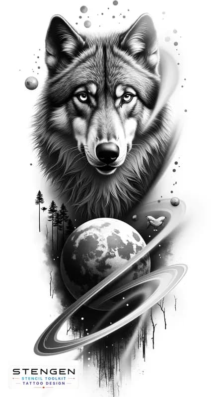Highly detailed black and white realistic wolf and forest trees on background tattoo design on a p