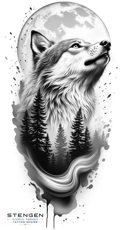 Highly detailed black and white realistic wolf and forest trees on background tattoo design on a p