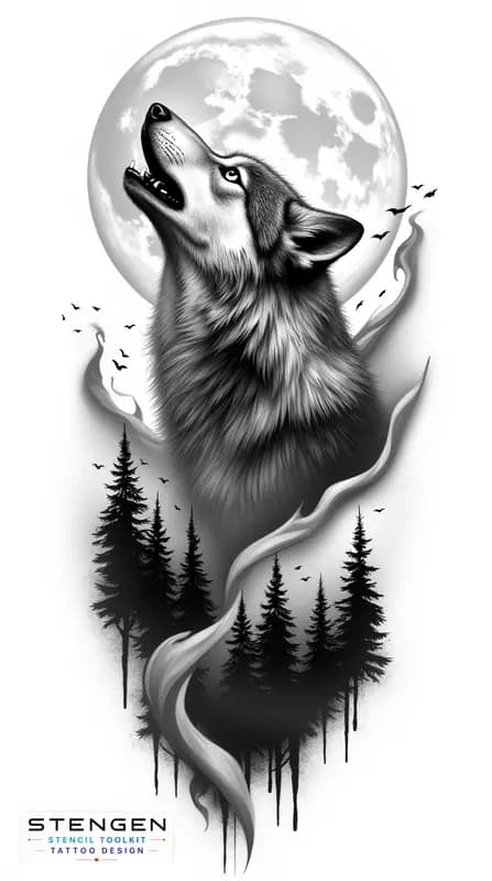 Highly detailed black and white realistic wolf and forest trees on background tattoo design on a p