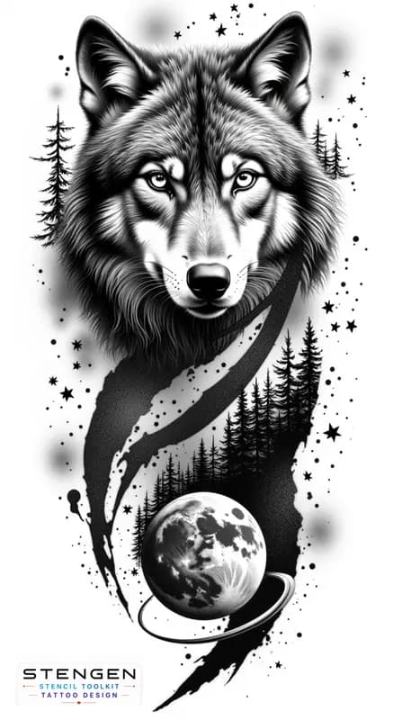 Highly detailed black and white realistic wolf and forest trees on background tattoo design on a p