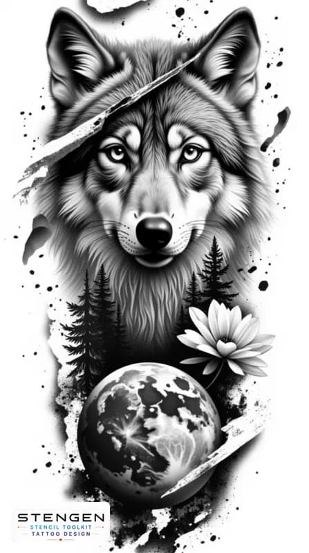 Highly detailed black and white realistic wolf and forest trees on background tattoo design on a p