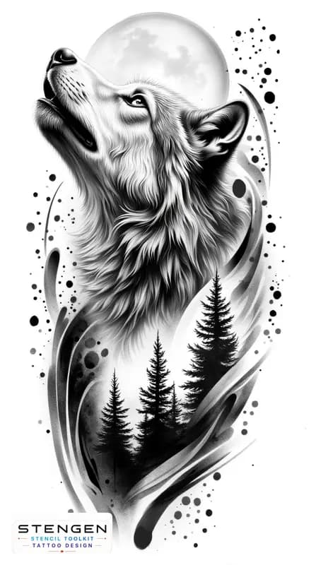 Highly detailed black and white realistic wolf and forest trees on background tattoo design on a p