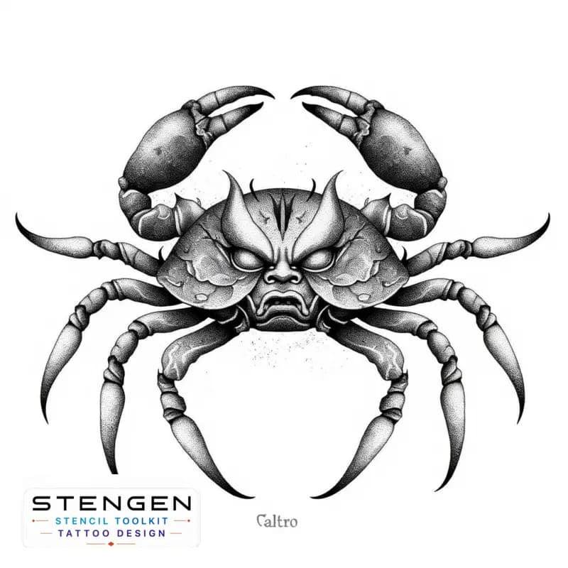A highly detailed black and white sketch of a heikegani crab with a samurai face on its shell the f tattoo design