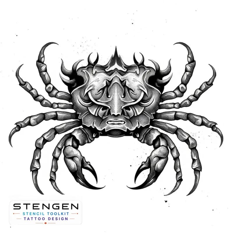 A highly detailed black and white sketch of a heikegani crab with a samurai face on its shell the f tattoo design