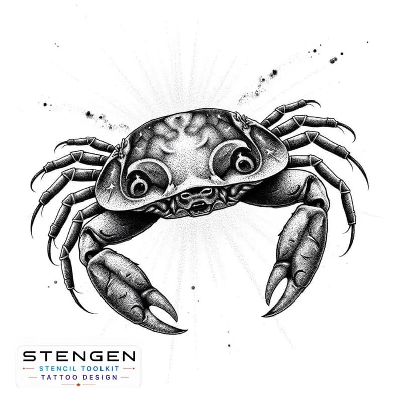 A highly detailed black and white sketch of a heikegani crab with a samurai face on its shell the f tattoo design