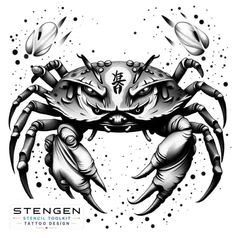 A highly detailed black and white sketch of a heikegani crab with a samurai face on its shell the f tattoo design