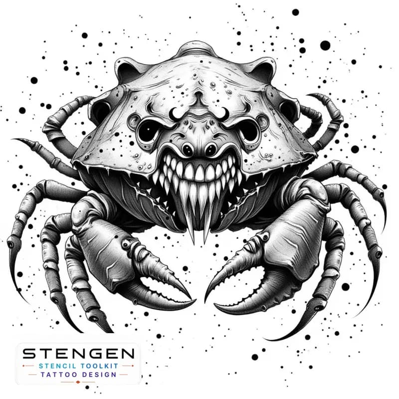 A highly detailed black and white sketch of a heikegani crab with a samurai face on its shell the f tattoo design