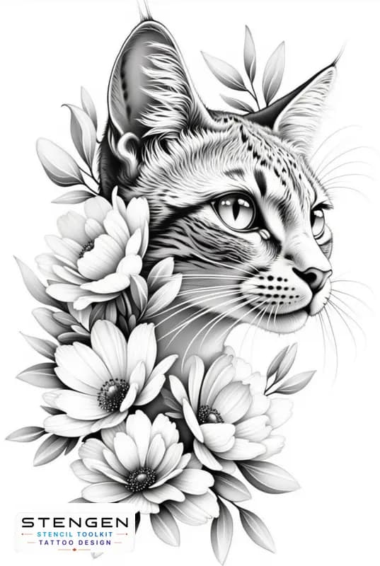 Cat with flowers dotwork style tattoo design white background