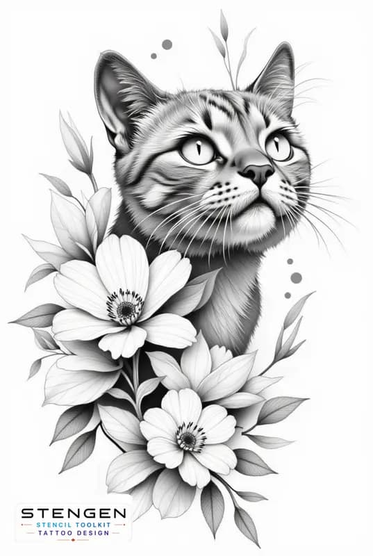 Cat with flowers dotwork style tattoo design white background