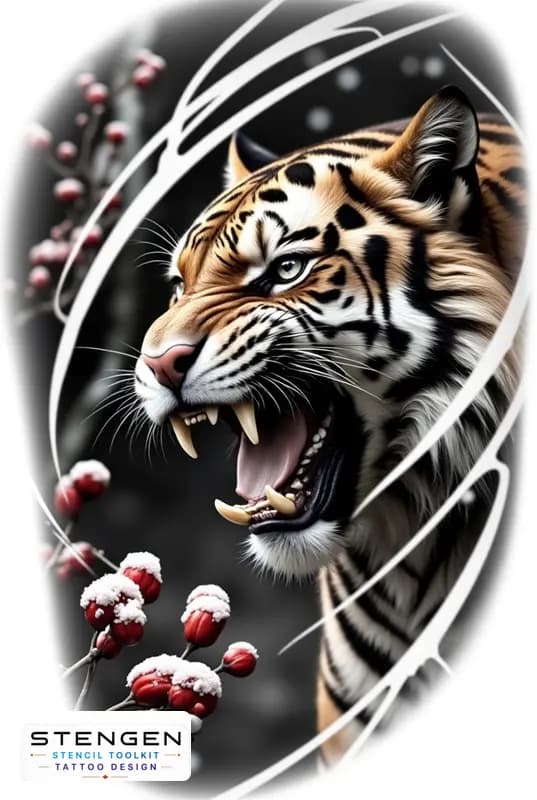 A centered hyper realistic tattoo sketch of a roaring tiger with mouth open sharp teeth intense gaz