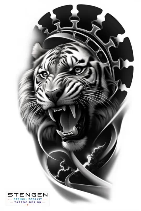 A centered hyper realistic tattoo sketch of a roaring tiger with mouth open sharp teeth intense gaz