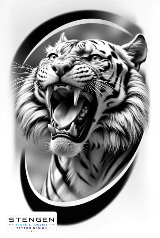 A centered hyper realistic tattoo sketch of a roaring tiger with mouth open sharp teeth intense gaz