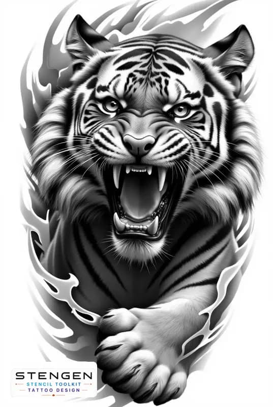 A centered hyper realistic tattoo sketch of a roaring tiger with mouth open sharp teeth intense gaz