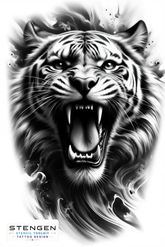 A centered hyper realistic tattoo sketch of a roaring tiger with mouth open sharp teeth intense gaz