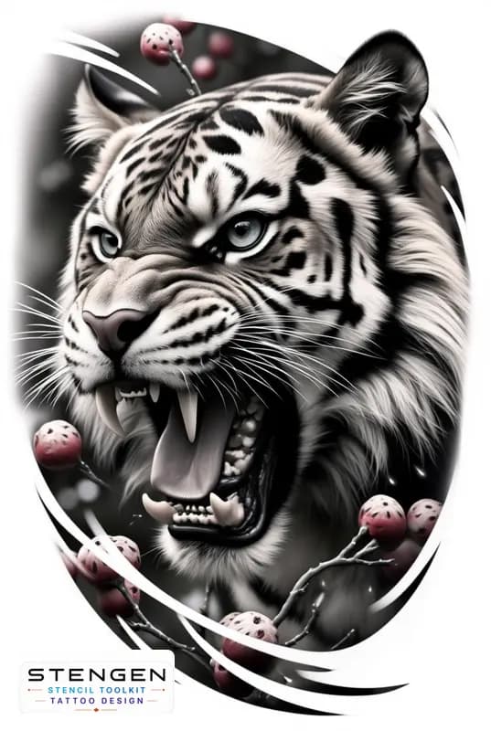 A centered hyper realistic tattoo sketch of a roaring tiger with mouth open sharp teeth intense gaz