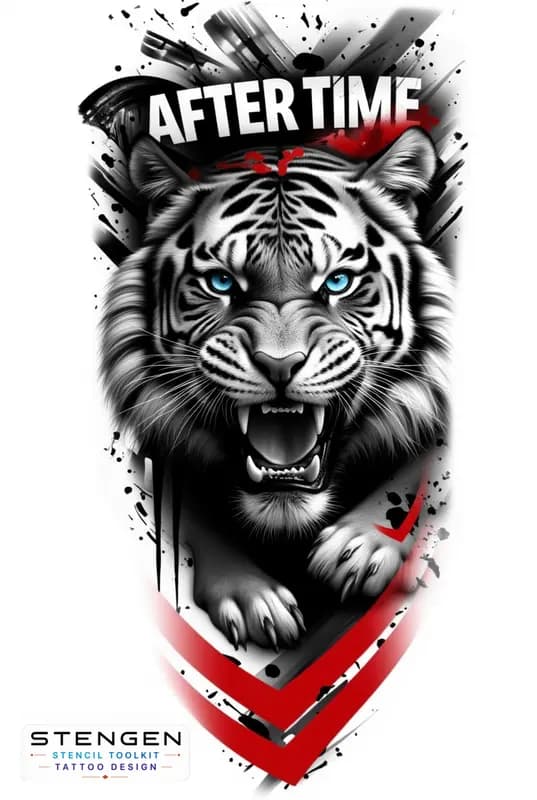 A centered hyper realistic tattoo sketch of a tiger with intense gaze detailed fur texture front f
