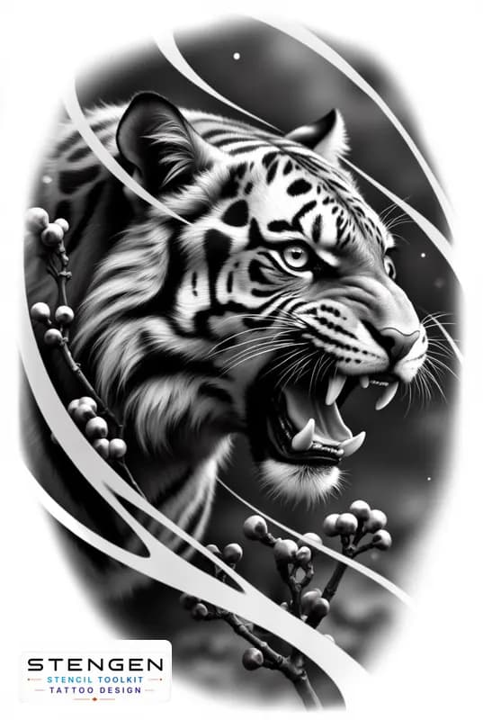 A centered hyper realistic tattoo sketch of a tiger with mouth open sharp teeth intense gaze detail