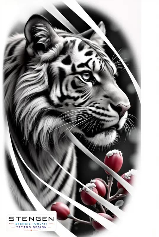 A centered hyper realistic tattoo sketch of a tiger with intense gaze detailed fur texture front f