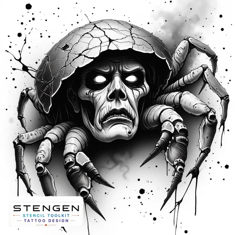 A dark and highly detailed black and white sketch of a heikegani crab with a haunting ghostly samur tattoo design