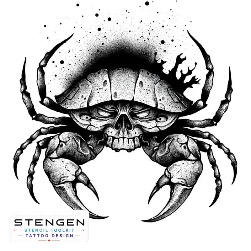 A dark and highly detailed black and white sketch of a heikegani crab with a haunting ghostly samur tattoo design