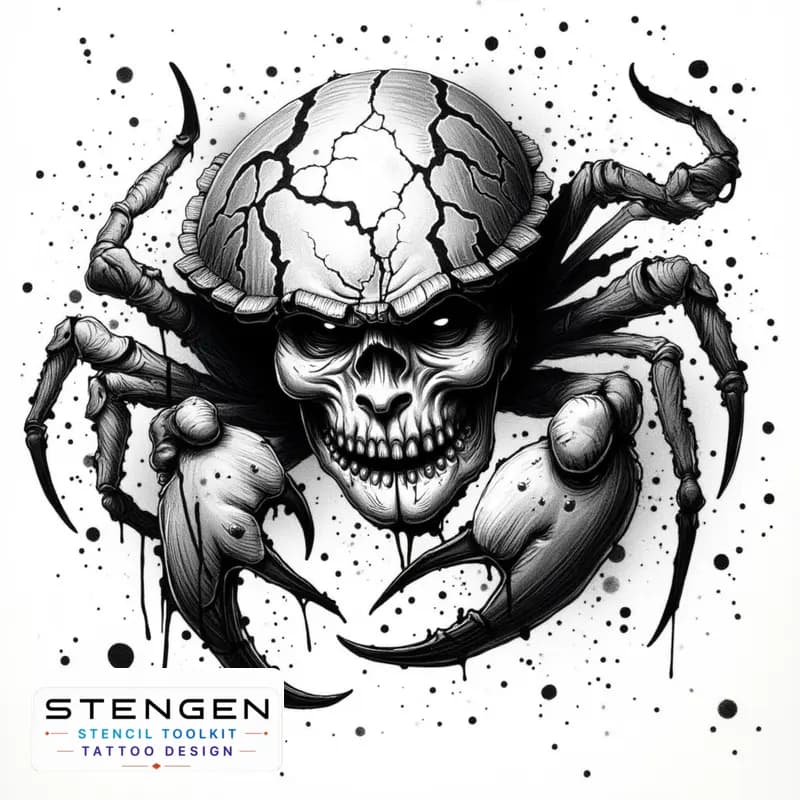 A dark and highly detailed black and white sketch of a heikegani crab with a haunting ghostly samur tattoo design
