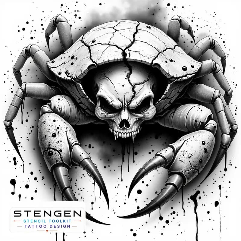 A dark and highly detailed black and white sketch of a heikegani crab with a haunting ghostly samur tattoo design