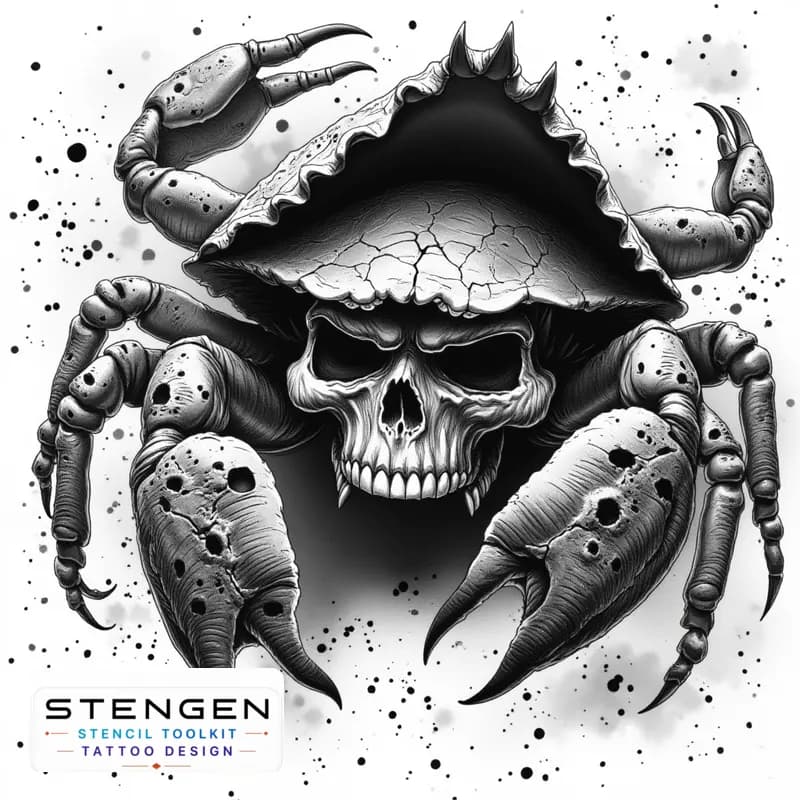 A dark and highly detailed black and white sketch of a heikegani crab with a haunting ghostly samur tattoo design