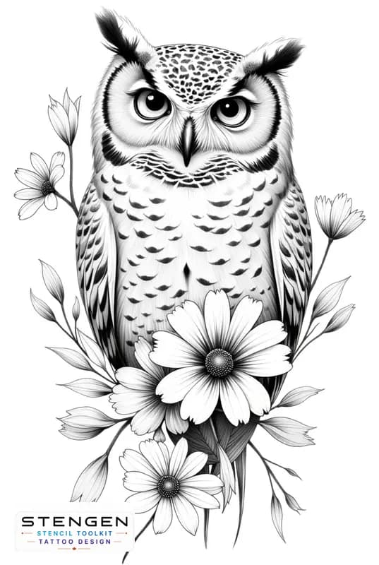 Delicate owl with flowers tattoo desing simple trace bold lines outline only
