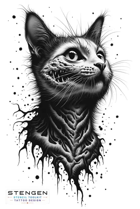 Demonic cat dotwork style gothic design dark art tattoo design white background