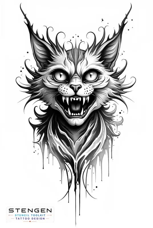 Demonic cat dotwork style gothic design dark art tattoo design white background
