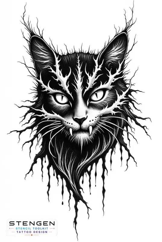 Demonic cat dotwork style gothic design dark art tattoo design white background