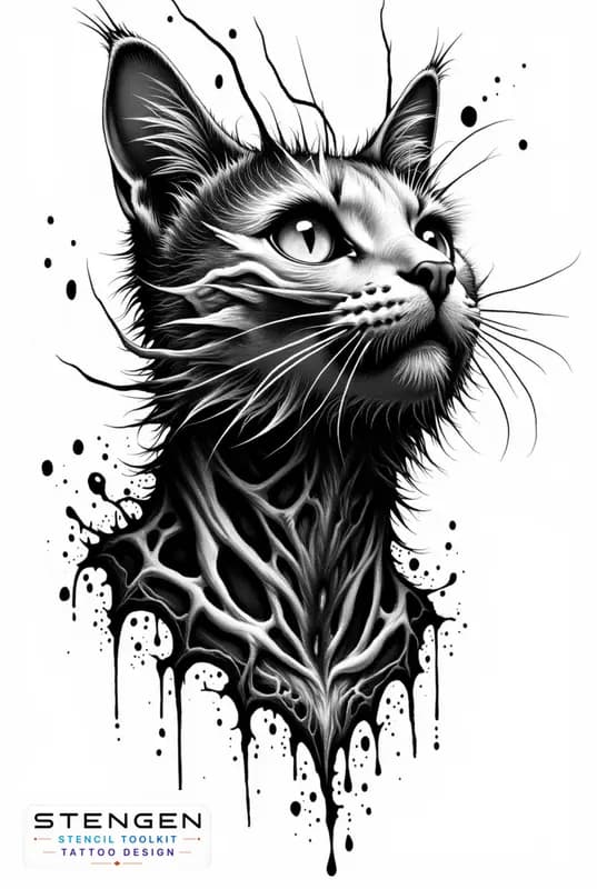 Demonic cat dotwork style gothic design dark art tattoo design white background